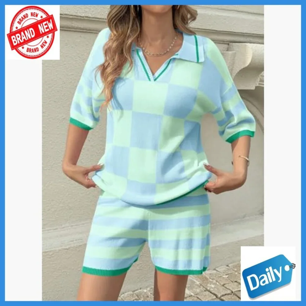 Large Knit Lounge Set V-Neck Top Shorts Matching 2-Piece Outfit